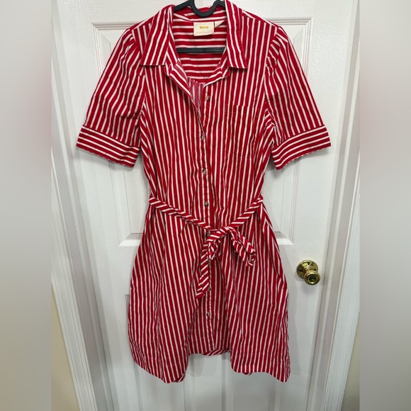 Maeve Dresses & Skirts - Maeve Anthropologie Red Striped Button Up Short Sleeve Dress Sz M